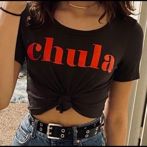 navy green crop top with writing